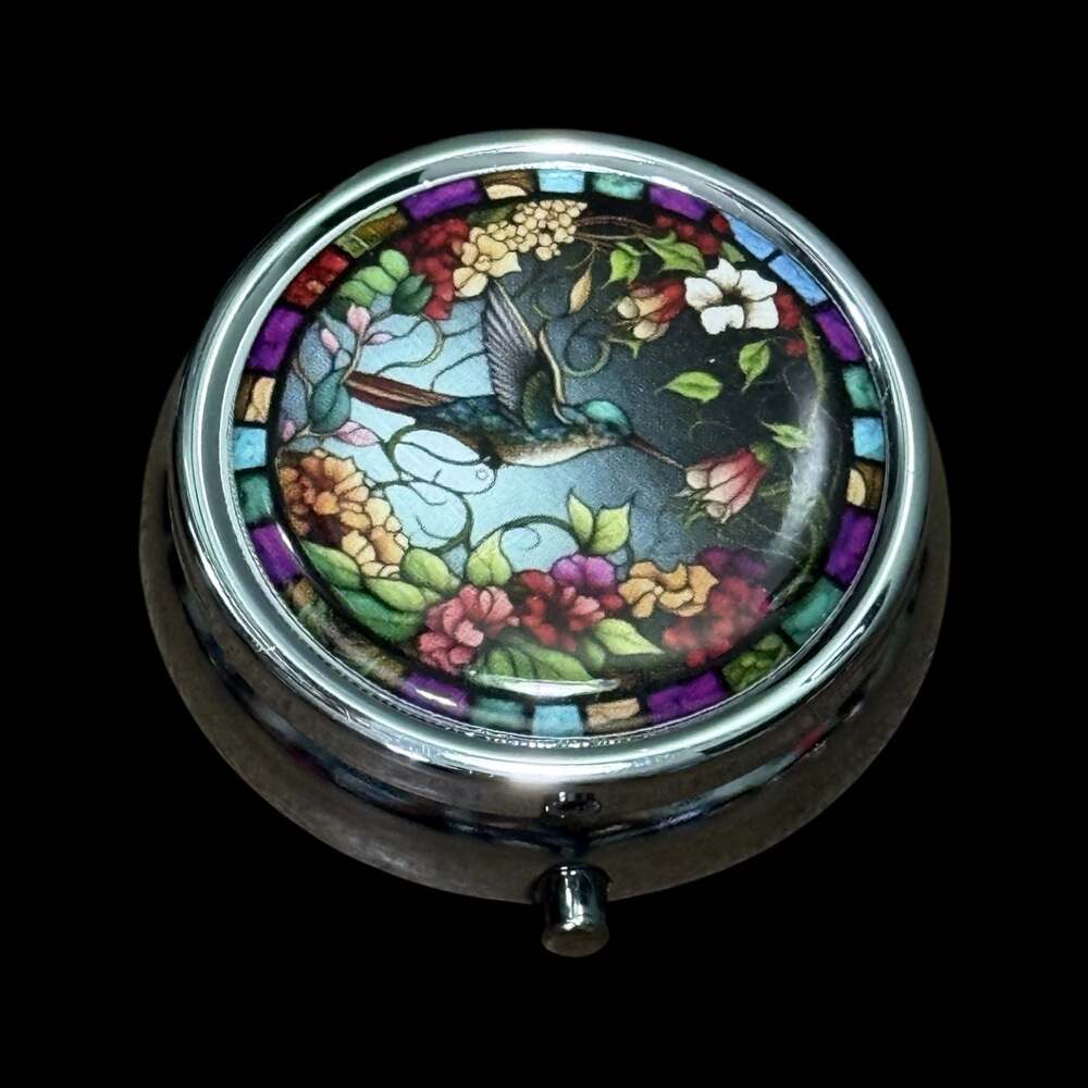 Cute Hummingbird Portable Round Metal Pill Organizer Case